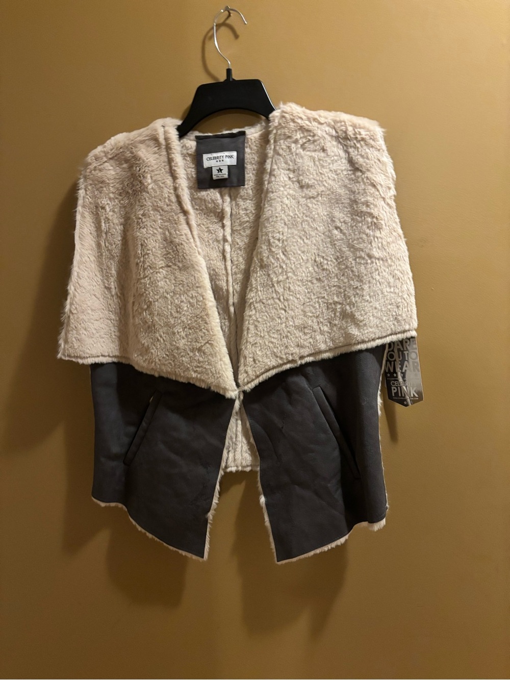 Celebrity Pink Cream and Gray Faux Shearling Open Front Vest